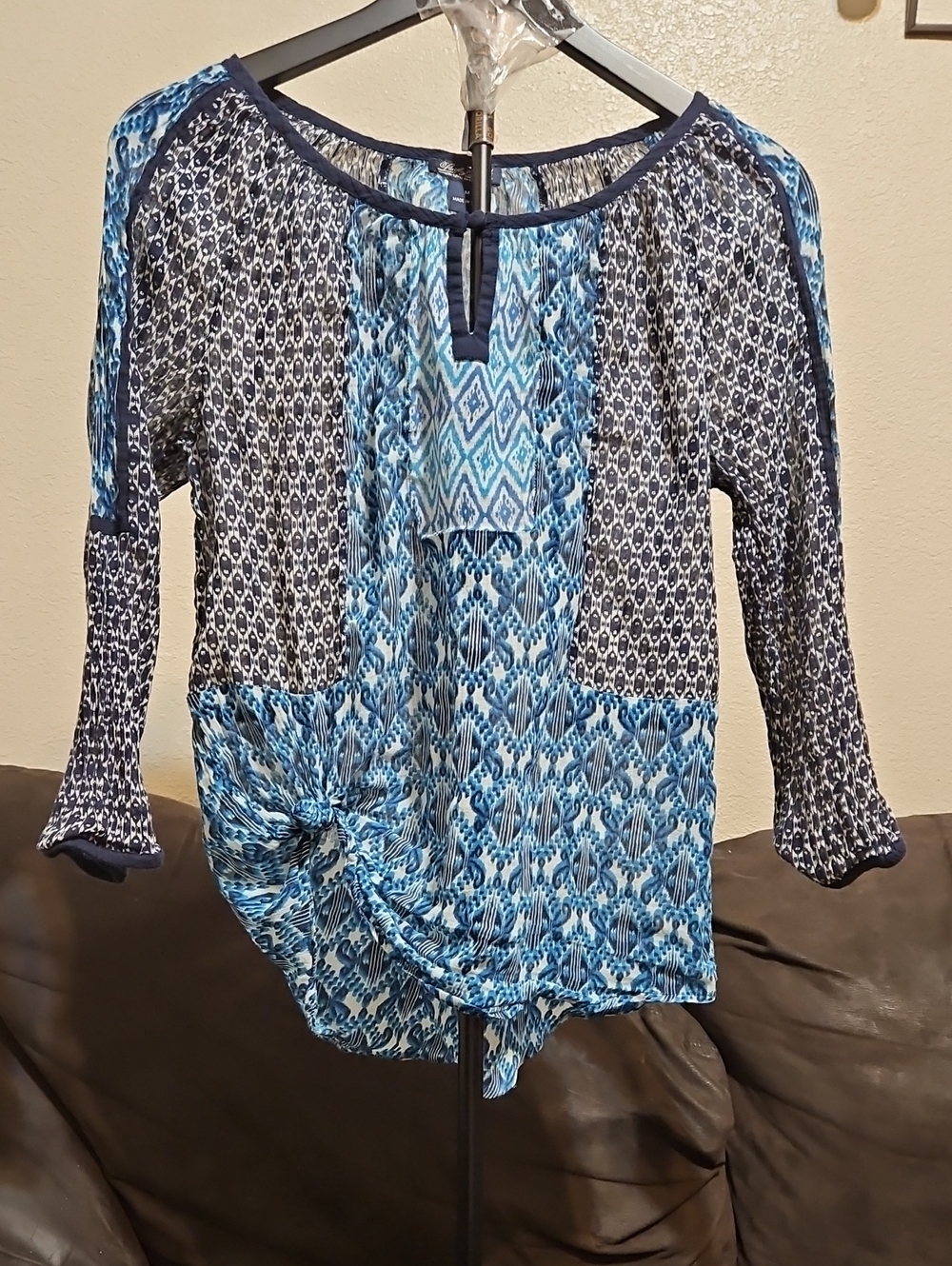 Lucky Brand Blue & Navy Mixed-Print Peasant Top